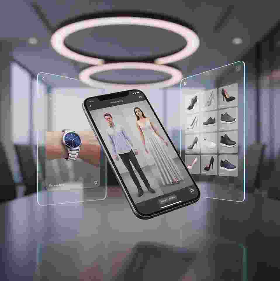 Shopper viewing a virtual try-on of apparel, watches and footwear on a phone