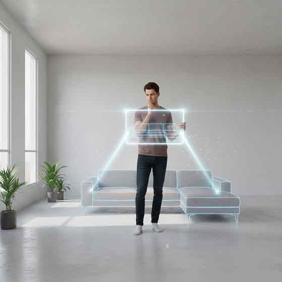 Shopper positioning a holographic sofa wireframe in a living room